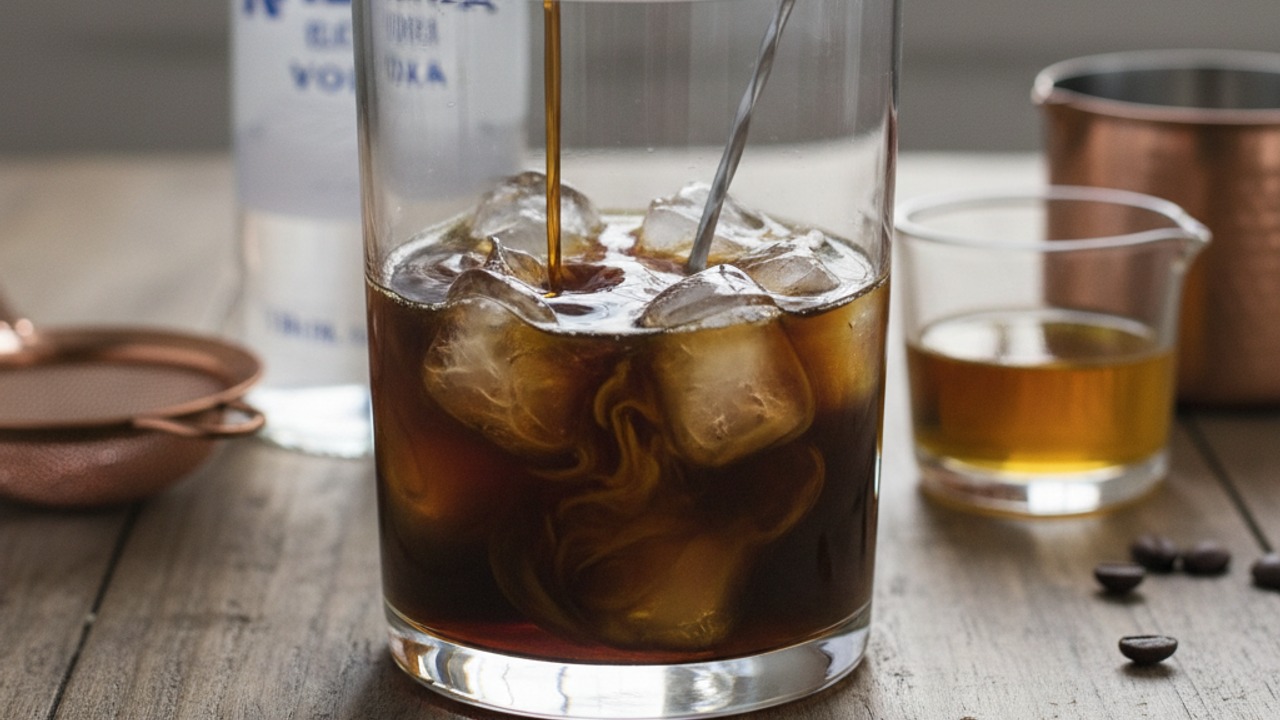 Combine coffee, liqueur, vodka and syrup