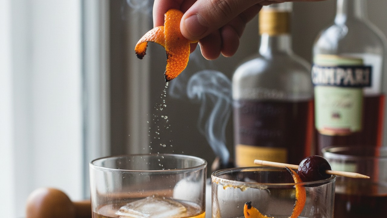 Garnish with grilled orange and cherry