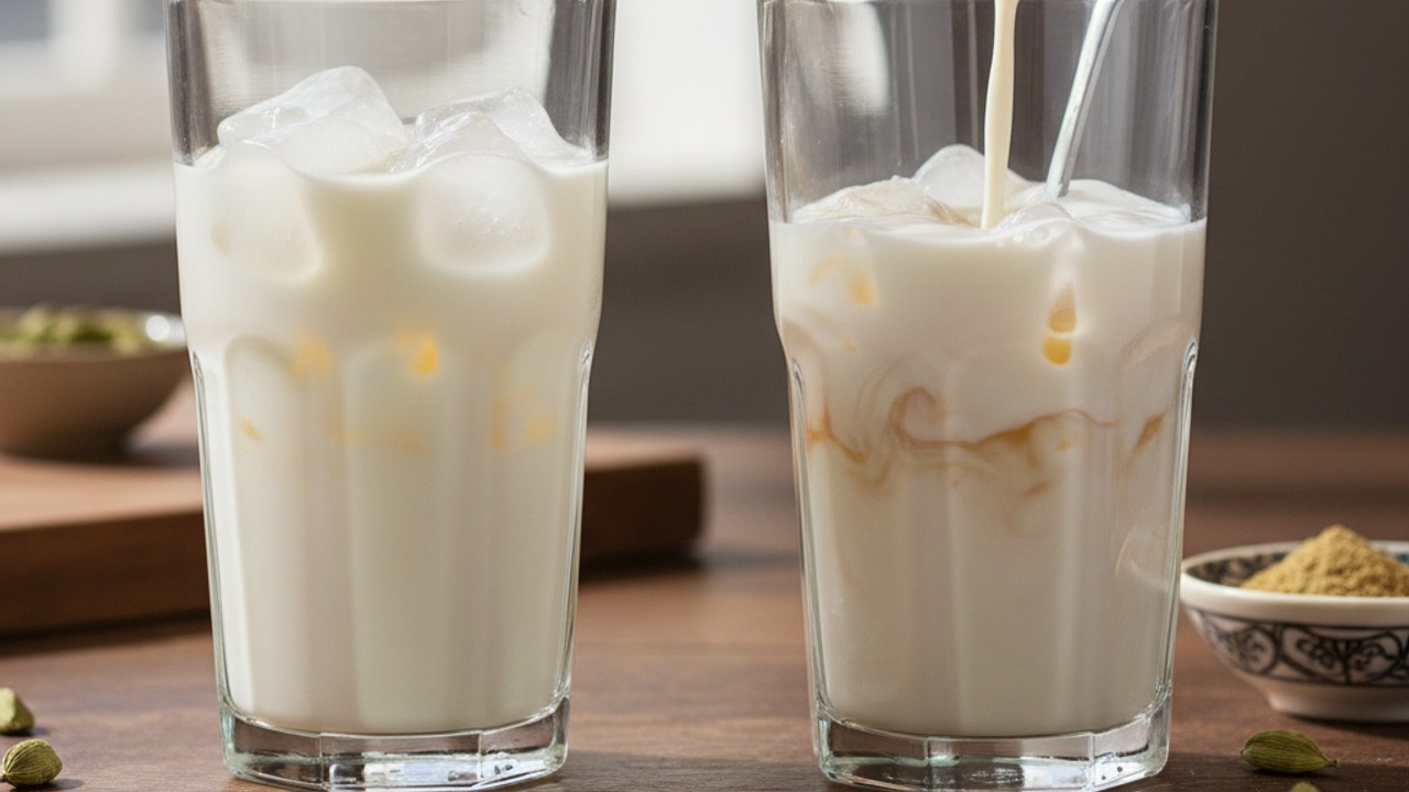 Prepare glasses with milk and ice