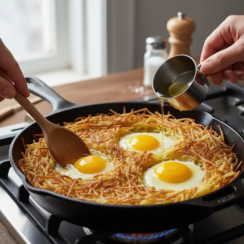 Pan-fry the eggs in the same skillet