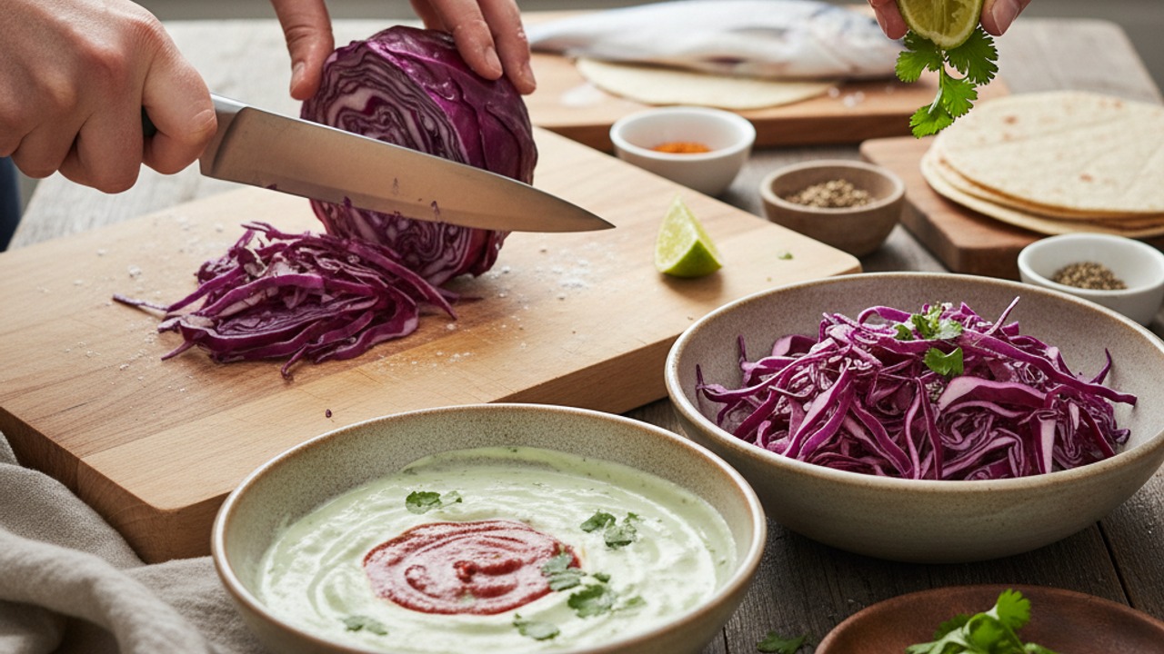 Make the quick slaw and creamy lime sauce