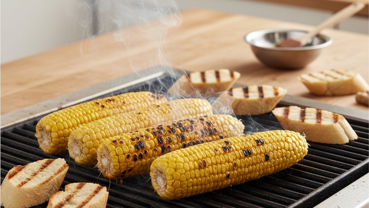 Grill the corn and crostini