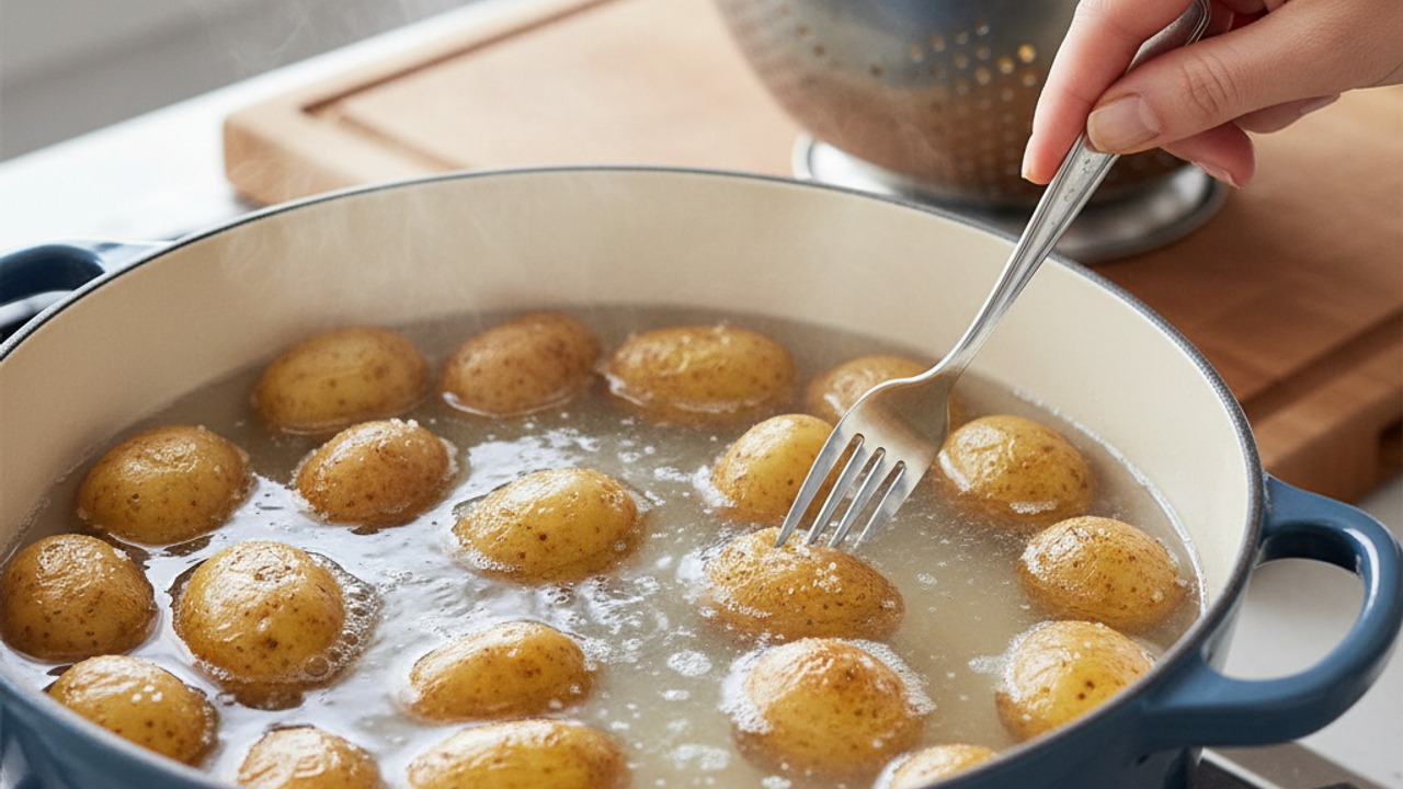 Cook the potatoes until tender
