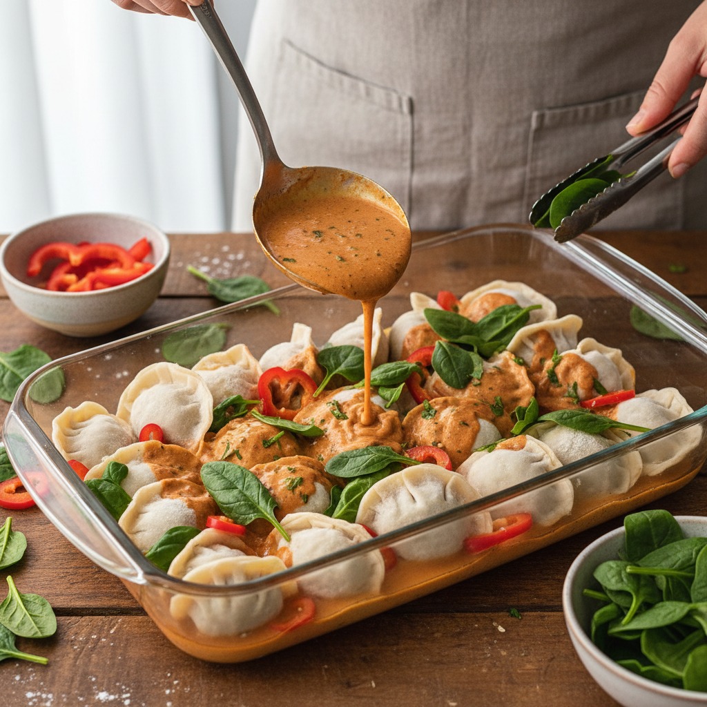 Arrange dumplings and vegetables