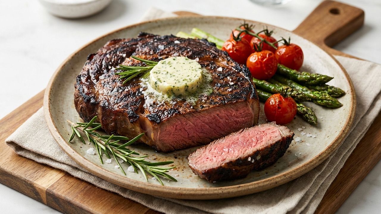 Reverse-Seared Grilled Ribeye with Garlic Herb Butter