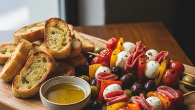 Labor Day Grilled Antipasto Skewers with Charred Ciabatta Crostini