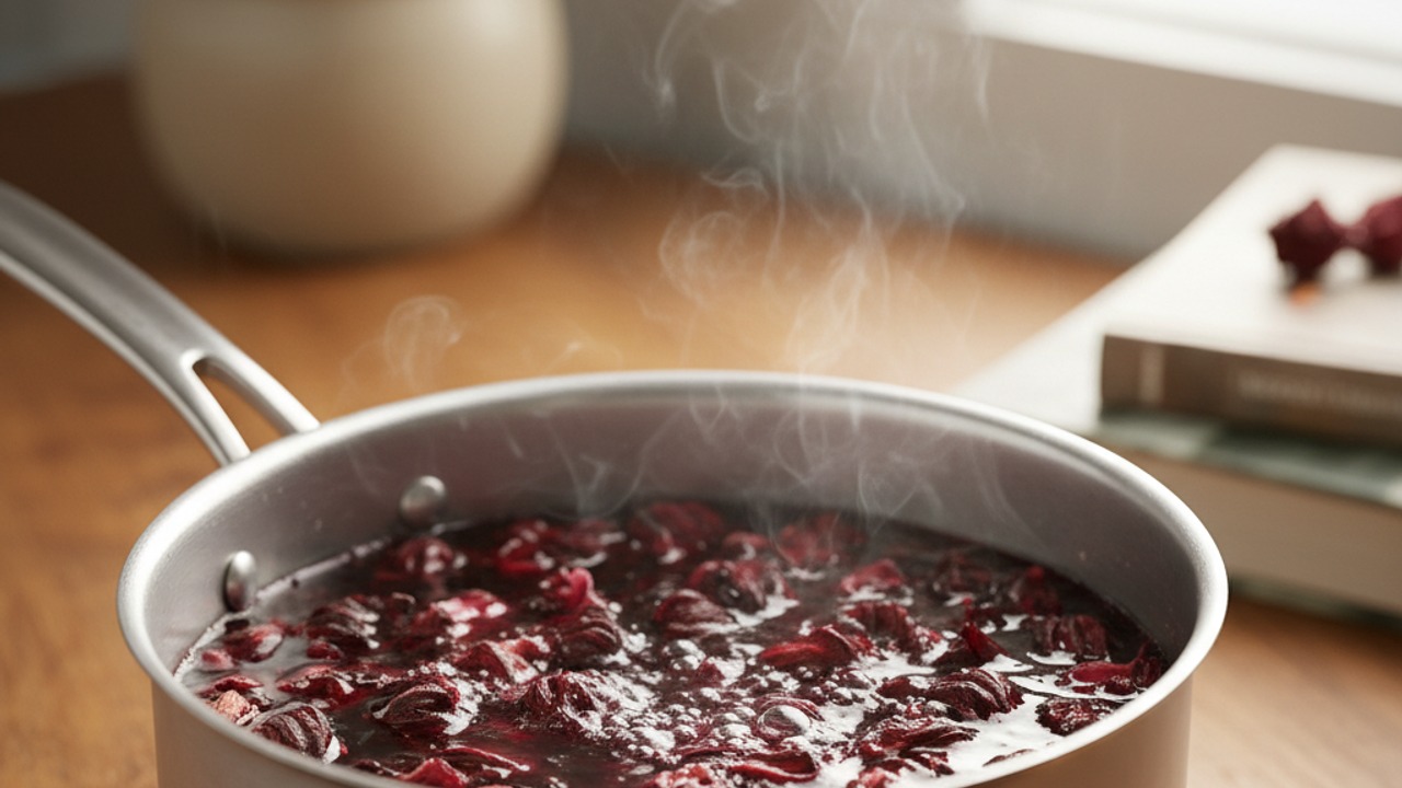 Bring hibiscus to a boil and steep
