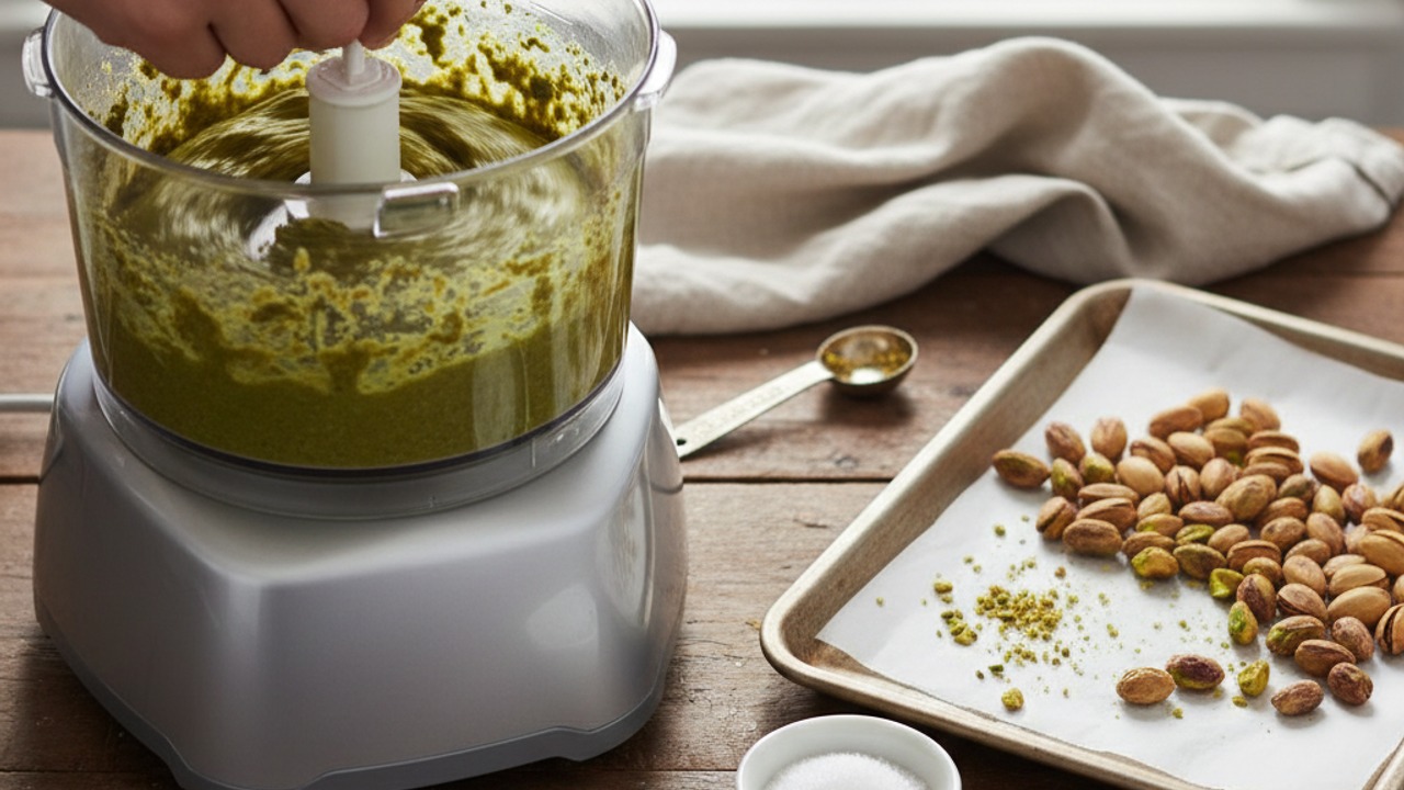 Toast and grind the pistachios into a paste