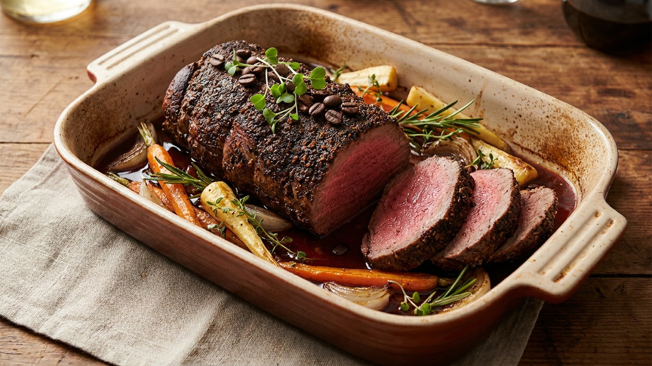 Coffee-Rubbed Beef Tenderloin Roast with Red Wine Jus