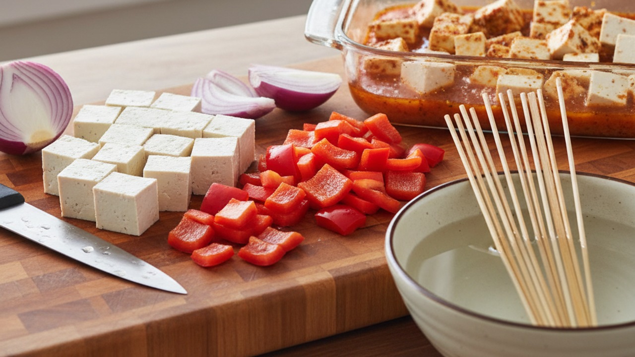 Prep vegetables and skewers