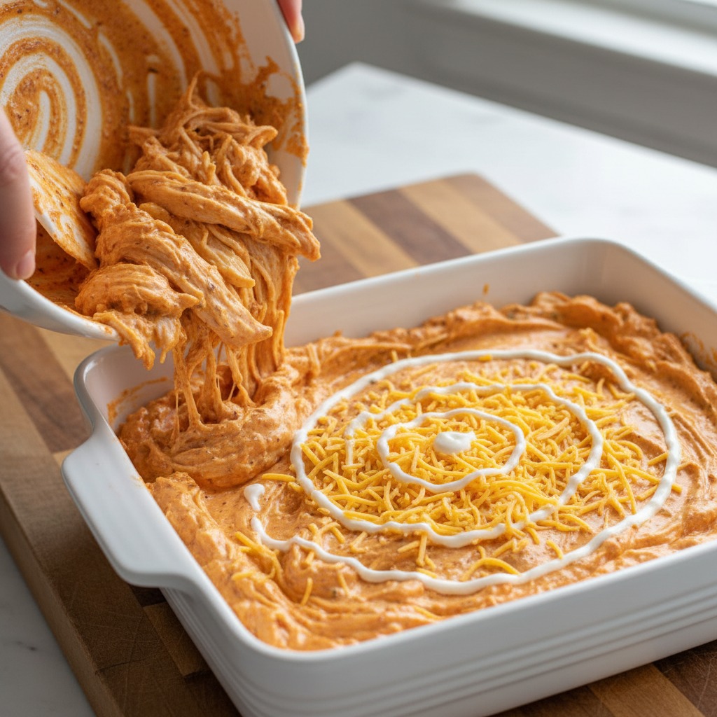 Fold in chicken and cheese, transfer to dish