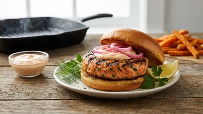 Grilled Salmon Burgers with Sriracha Mayo and Pickled Red Onions