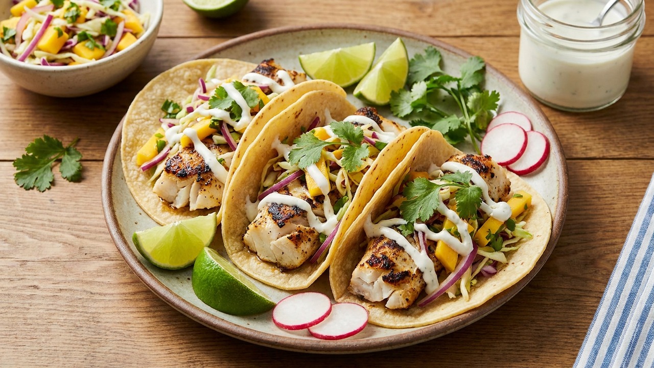 Grilled Fish Tacos with Mango Slaw and Lime Crema