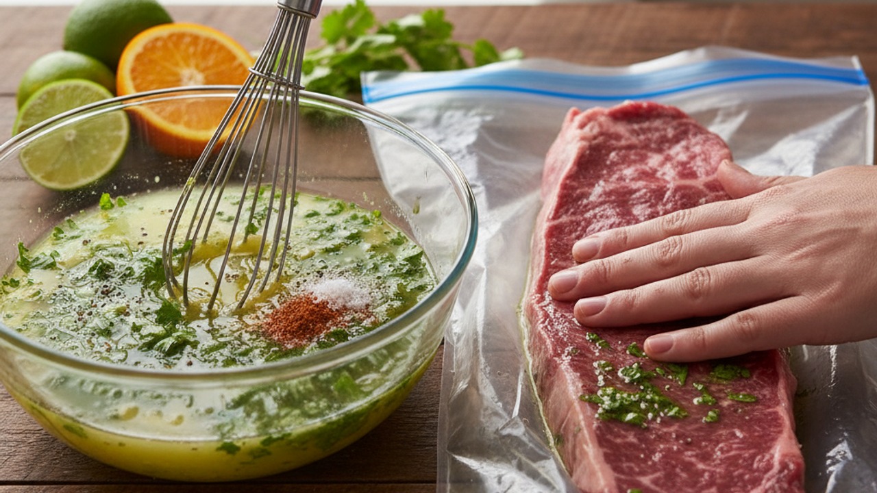 Make the marinade and coat the steak