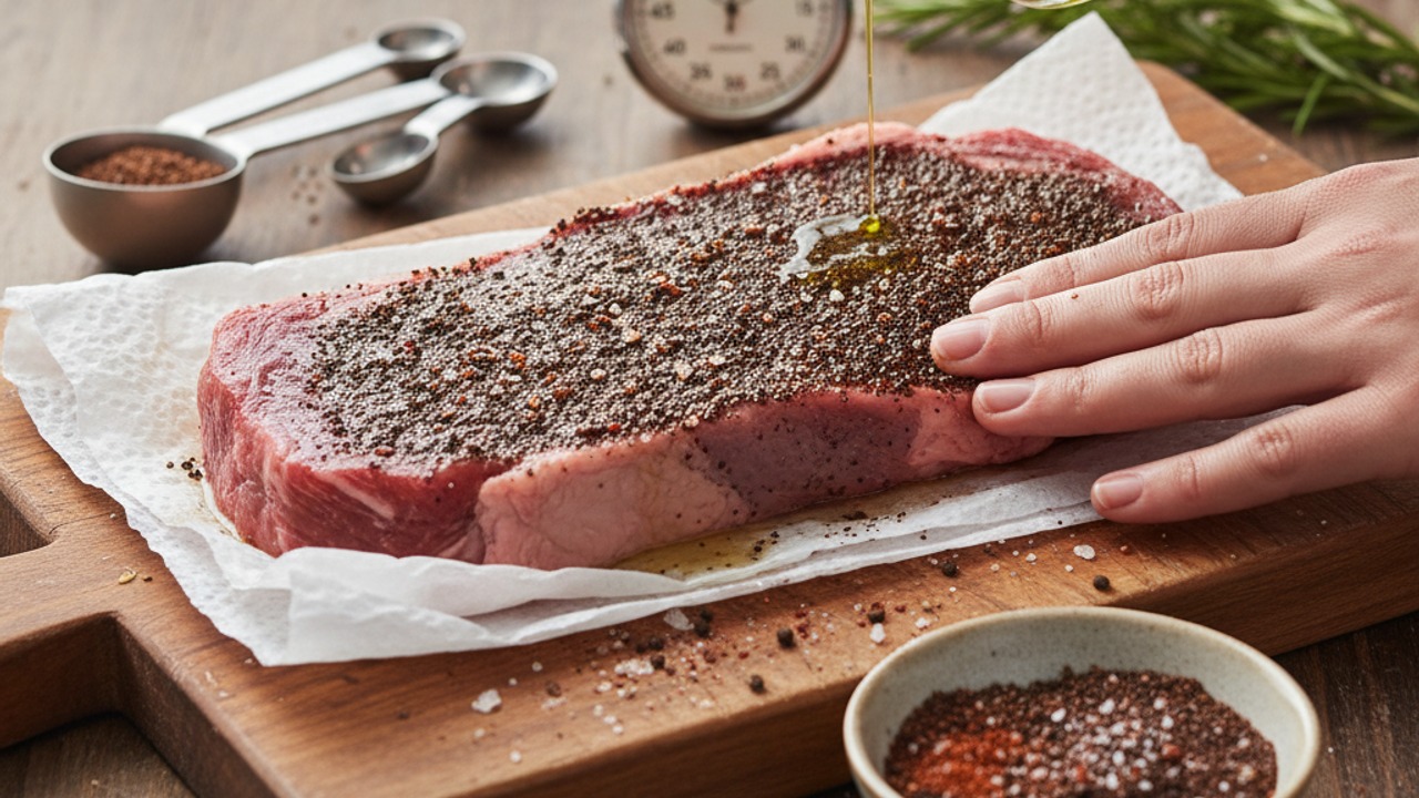 Prep the steak and apply the rub