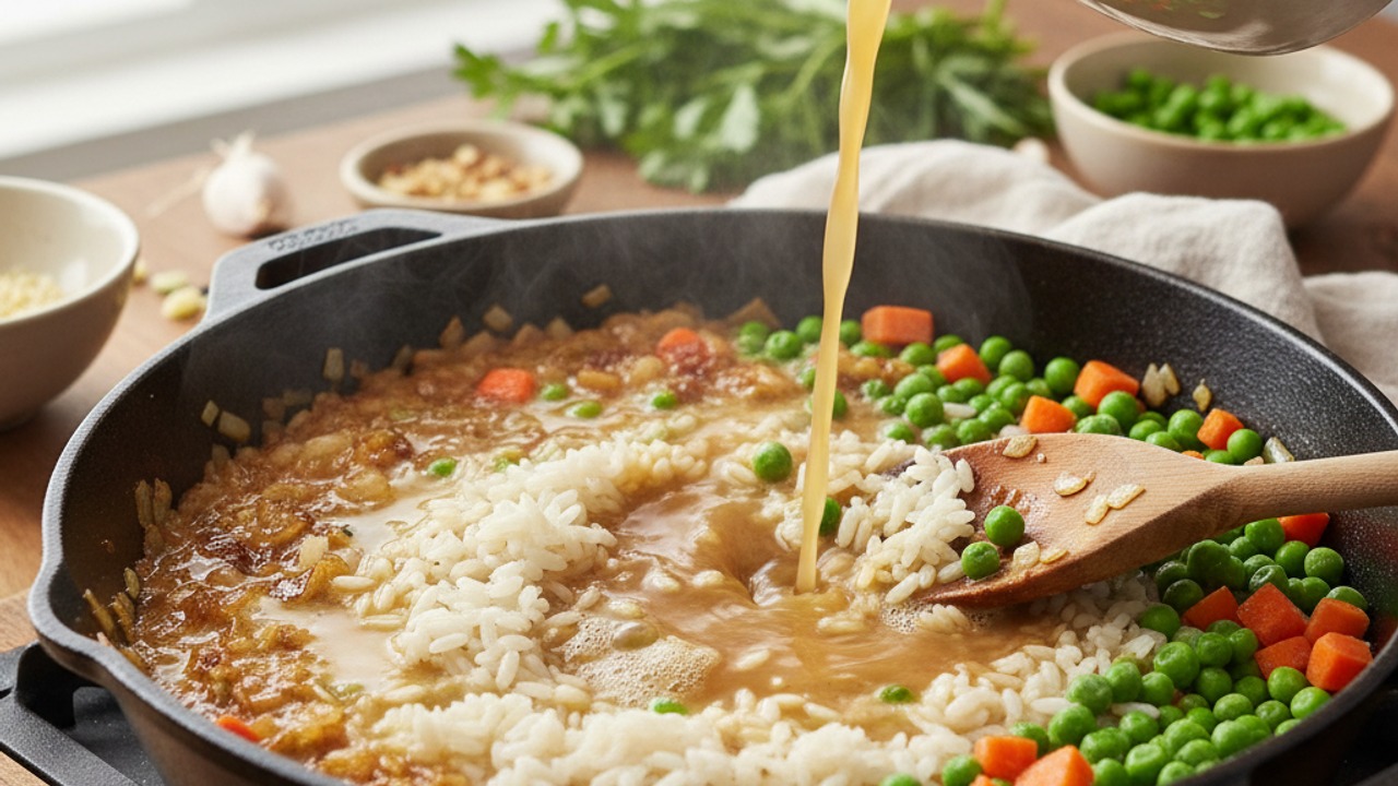Add rice, broth, and vegetables