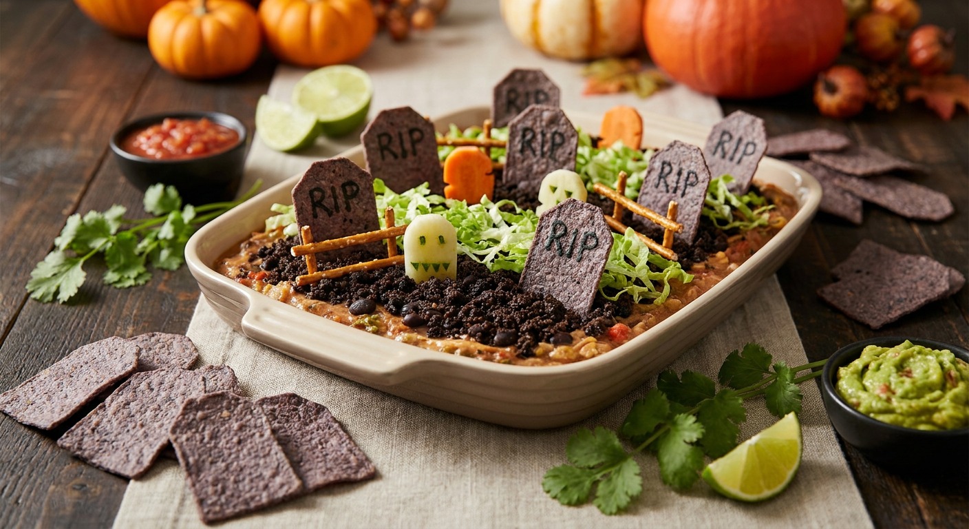 Graveyard Taco Dip with Tombstone Chips (Party Platter)