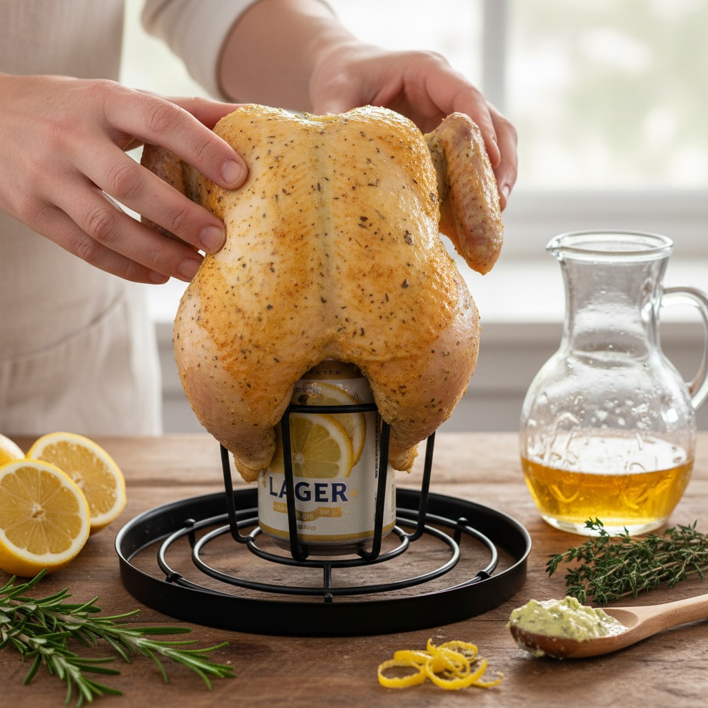 Prepare the beer can and position the bird