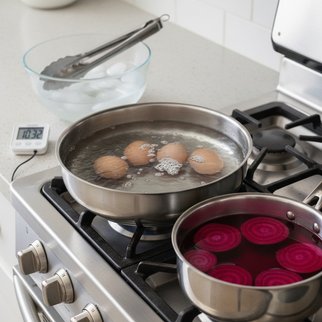 Hard-boil eggs and make beet dye