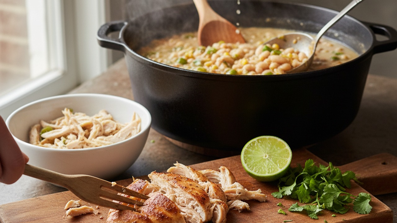 Shred chicken and finish chili