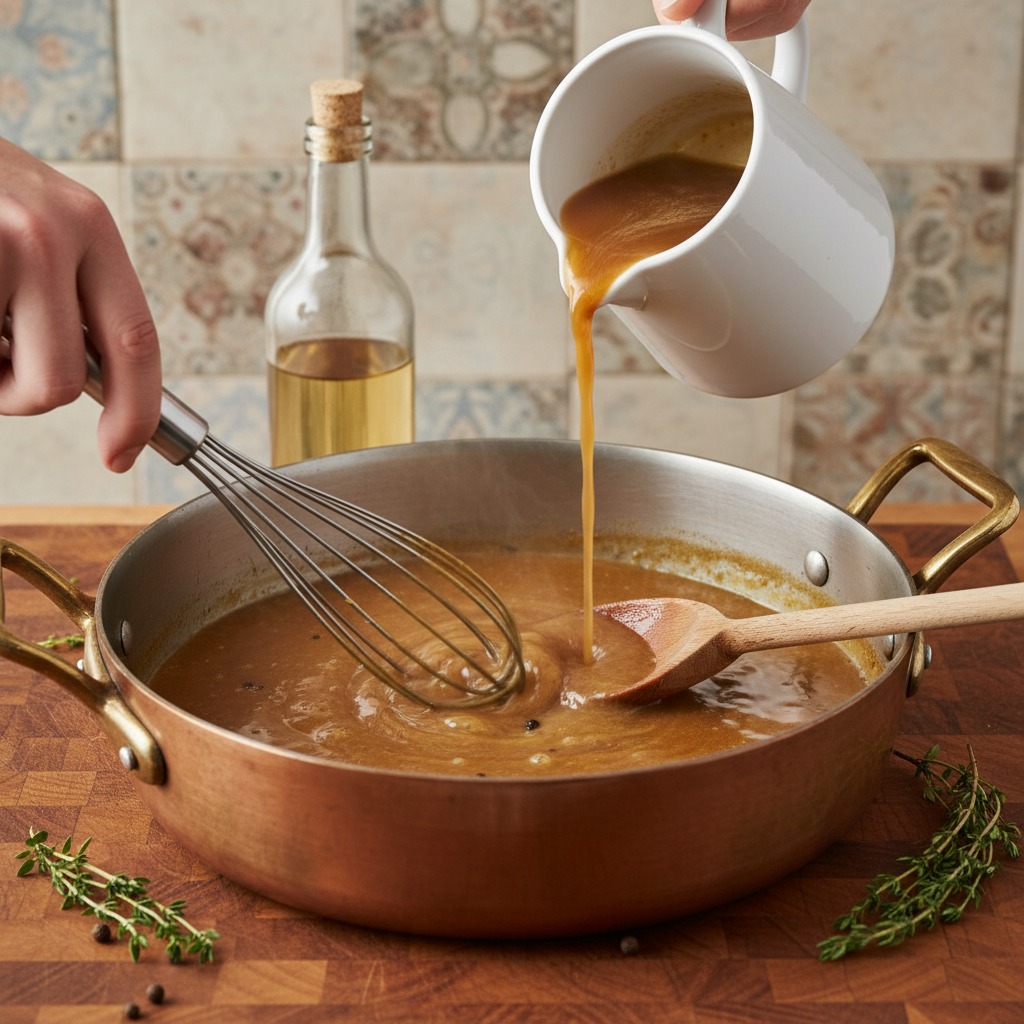 Whisk in liquids and wine