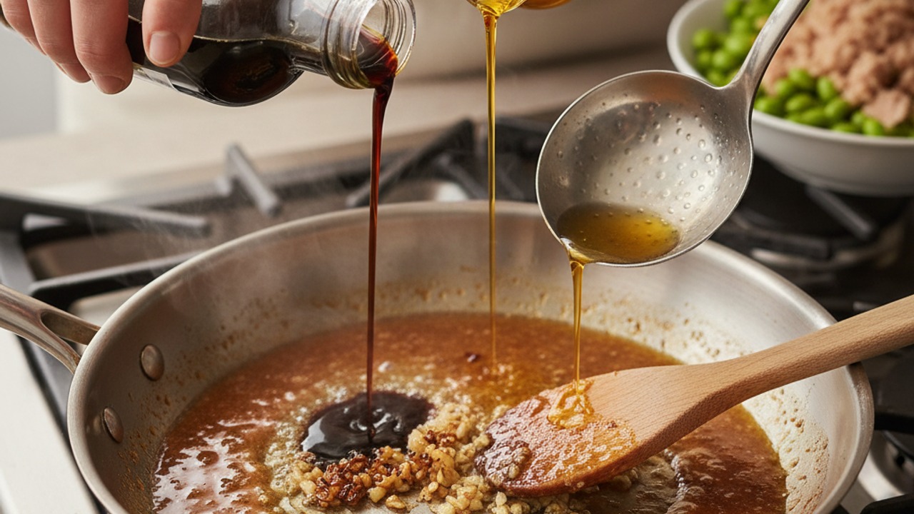 Build the sesame-soy pan sauce