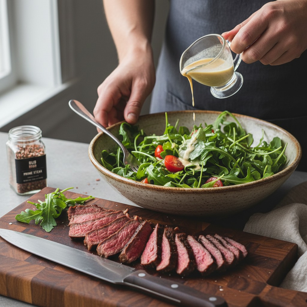 Slice steak and toss the salad