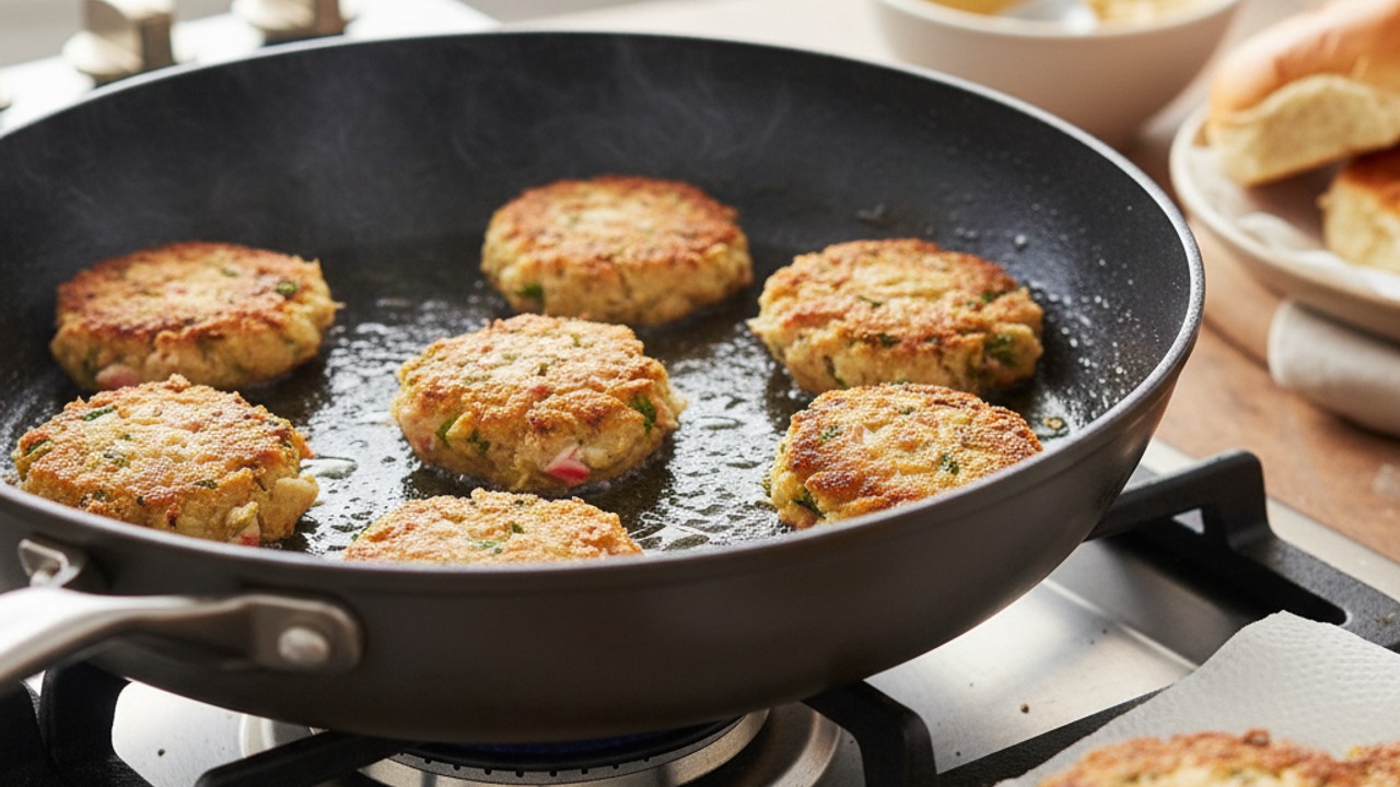 Pan-fry the mini crab cakes