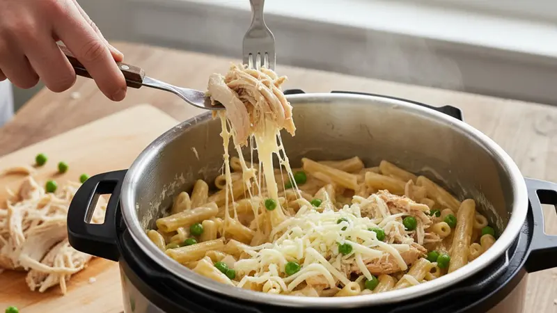 Shred chicken and finish the sauce