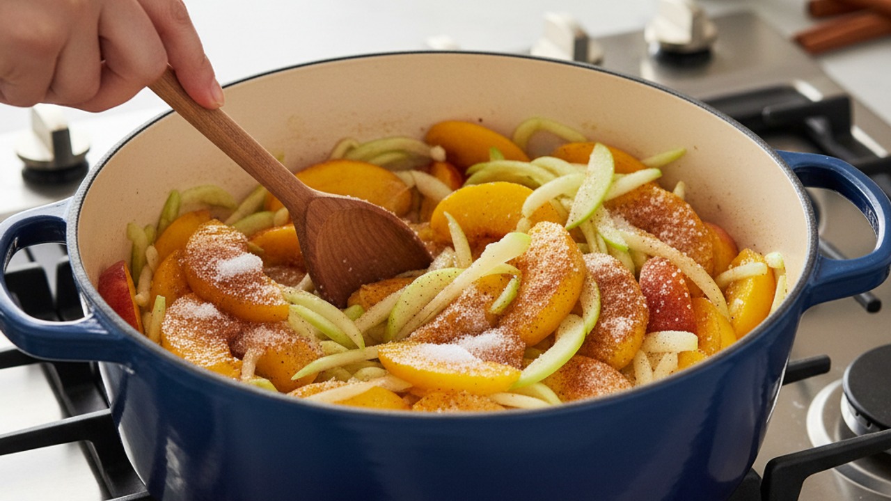 Combine peaches with sugar and acid