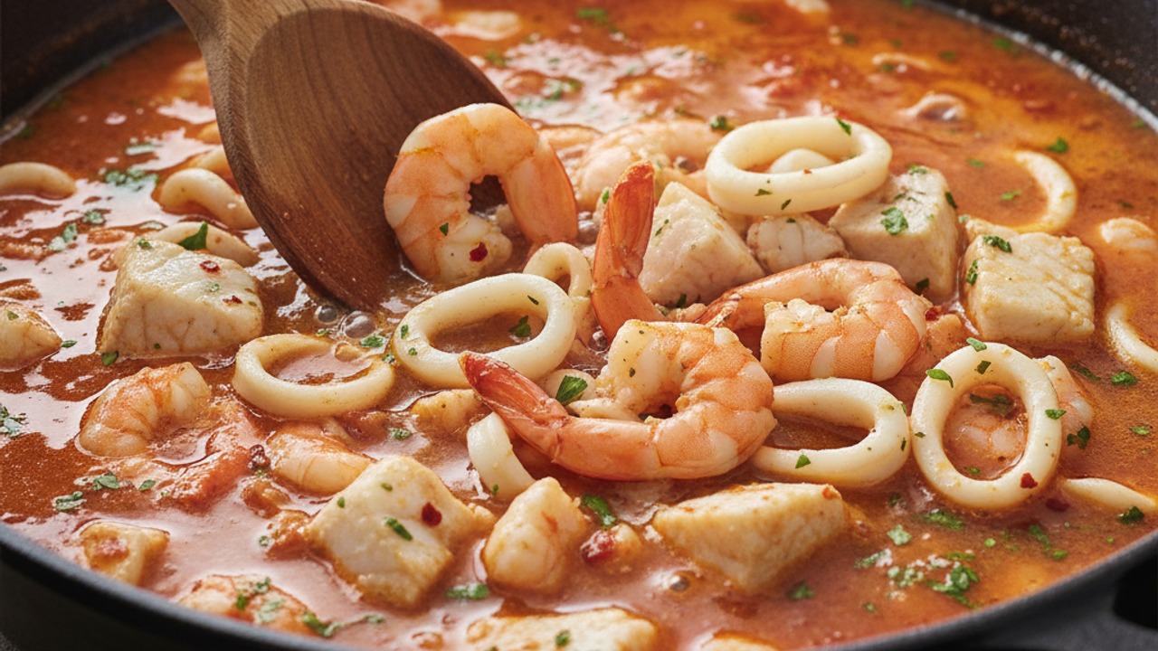 Add firm seafood and simmer gently