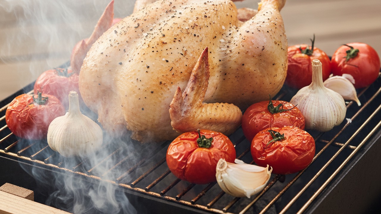 Smoke the chicken, tomatoes, and garlic