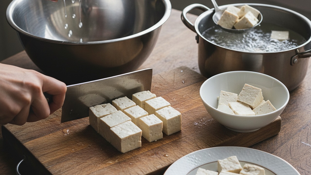 Drain and cut the tofu