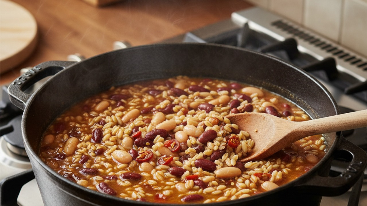 Add barley, beans, broth and chipotle