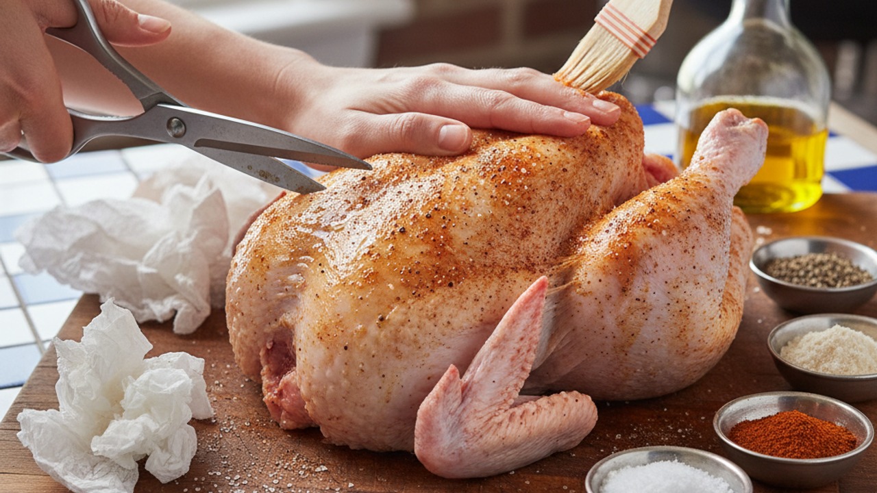 Spatchcock and season the chicken