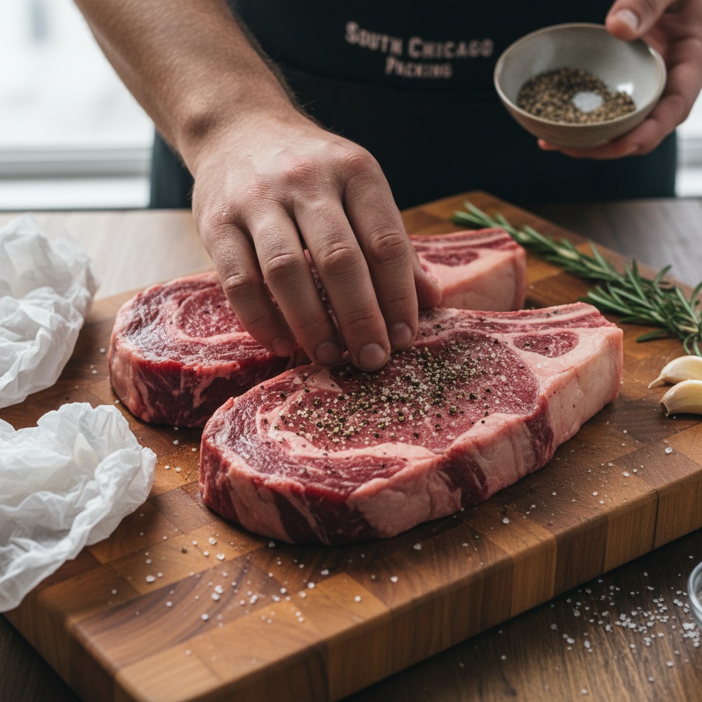 Temper and season the steaks