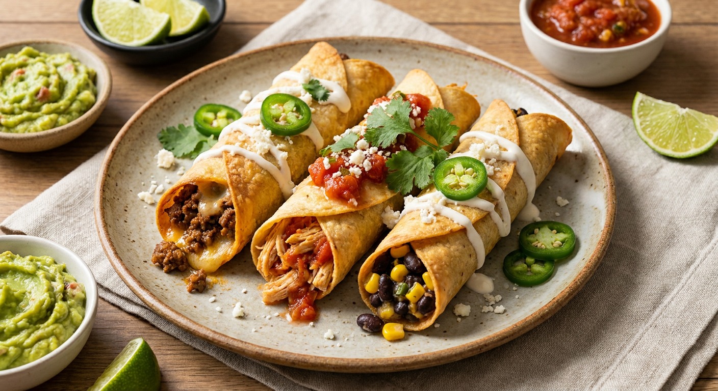 Air Fryer Chicken, Beef & Veggie Taquitos Trio