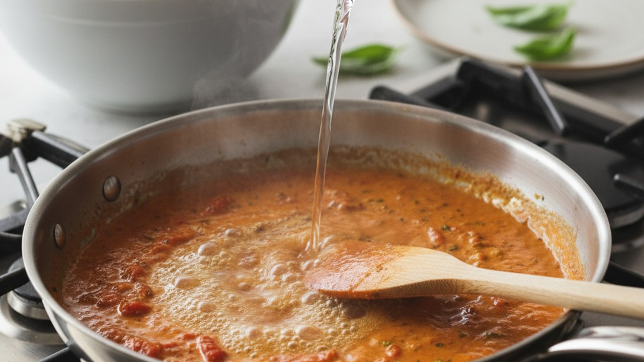Deglaze and simmer the tomato-vodka sauce