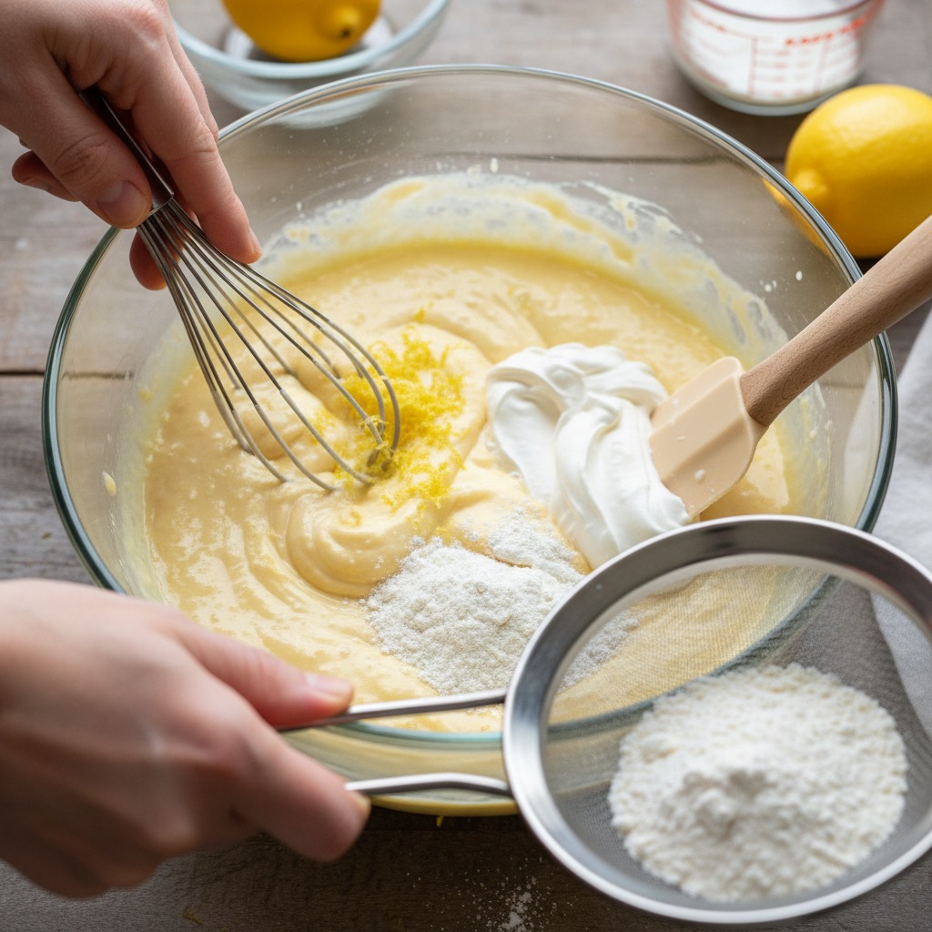 Add lemon and sour cream, fold in dry ingredients