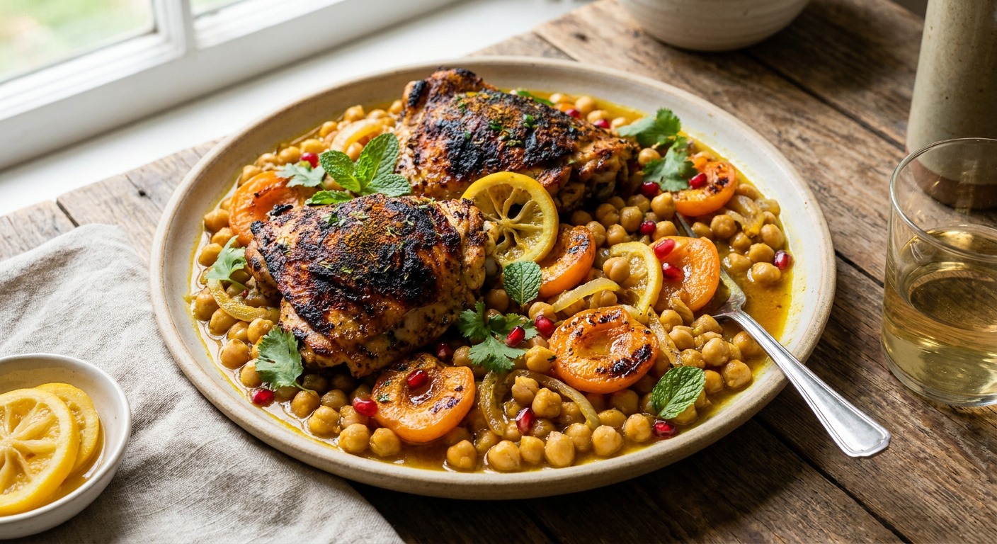 Grilled Ras el Hanout Chicken Thighs with Charred Apricot-Chickpea Tagine