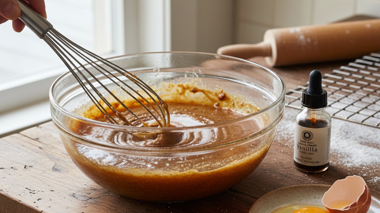 Mix sugars and eggs with browned butter