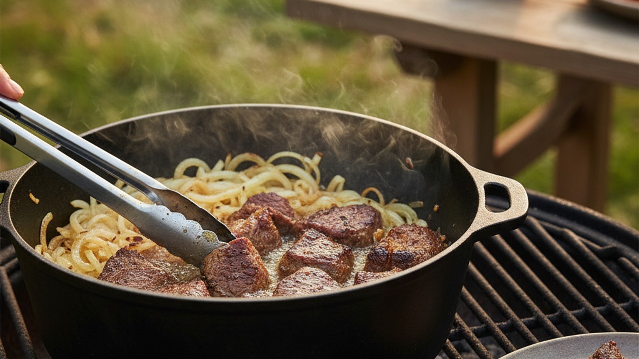Brown the beef and sauté the onion