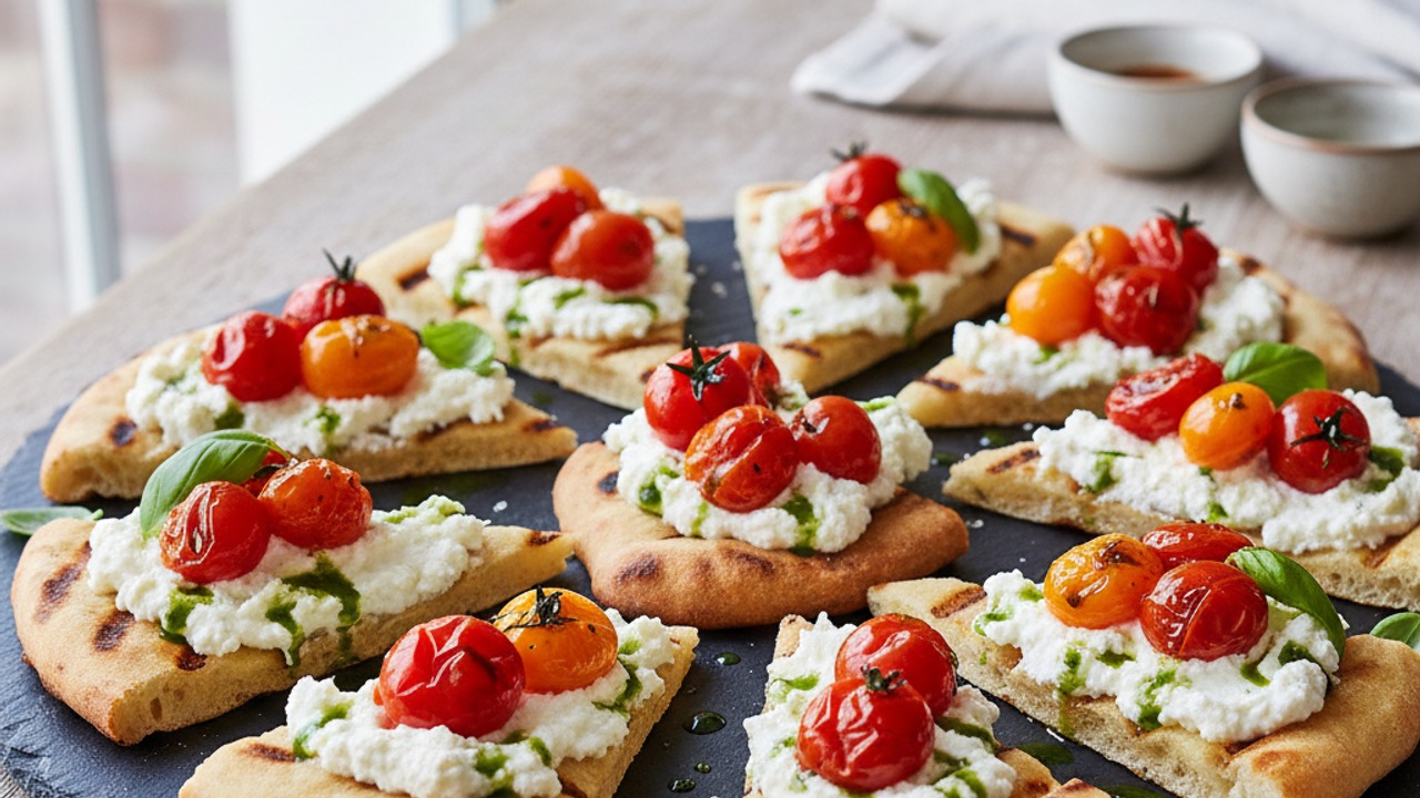 Grilled Flatbread Crostini with Whipped Feta, Charred Cherry Tomatoes & Basil Oil