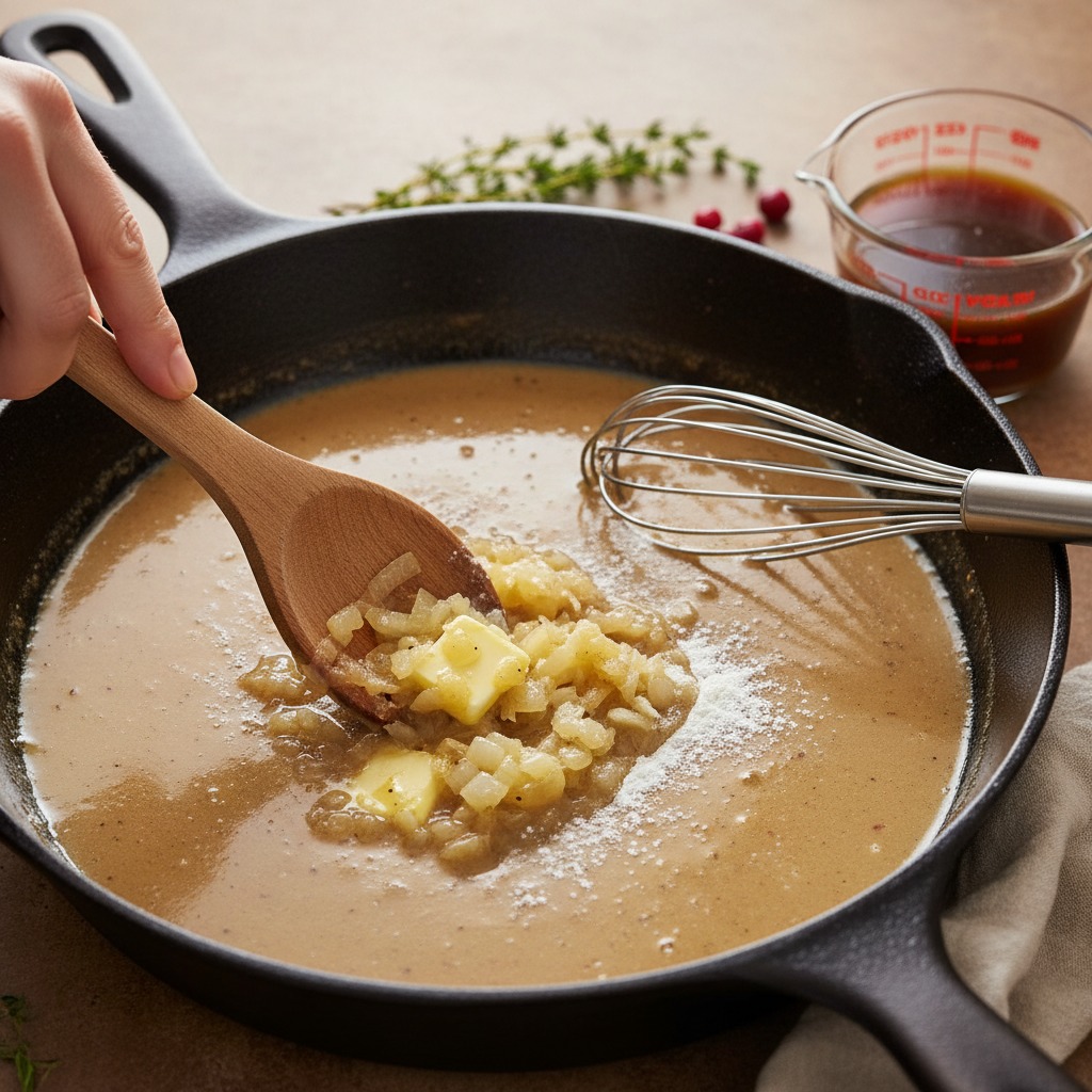 Make the creamy pan gravy and finish the meatballs