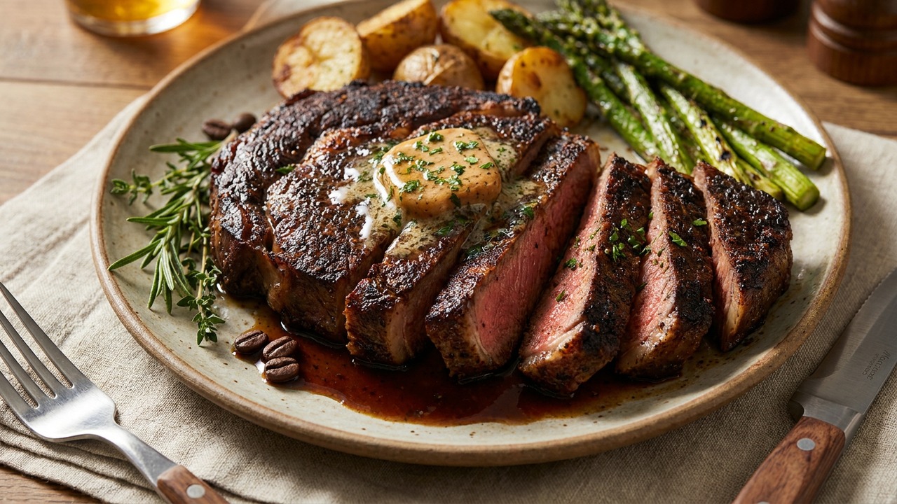 Reverse-Seared Ribeye with Coffee-Chile Rub and Smoky Bourbon Butter
