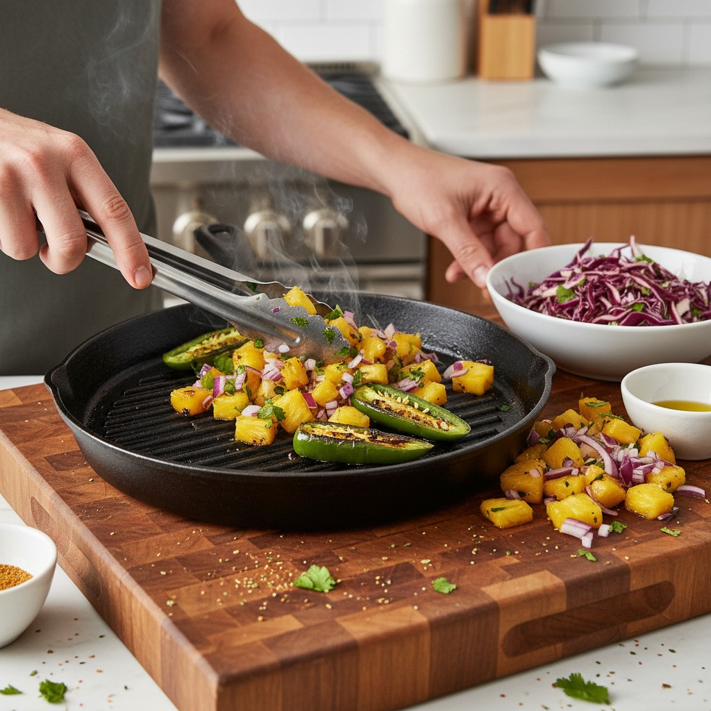 Prep and char the pineapple‑jalapeño salsa; make slaw