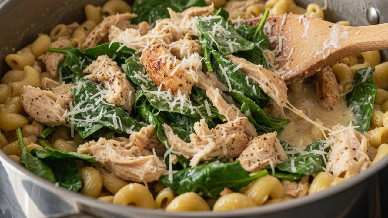 Fold in chicken, spinach and cheese