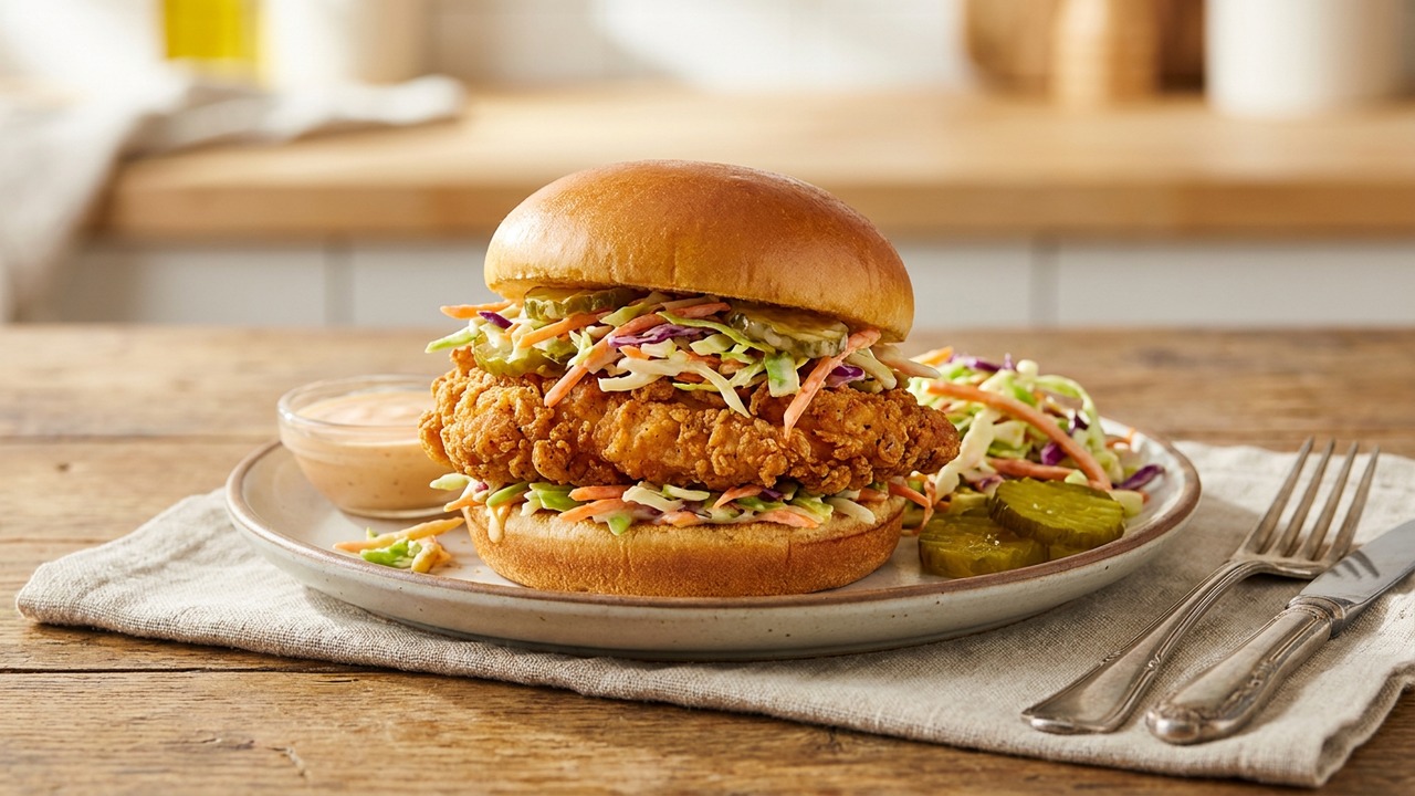 Crispy Buttermilk Fried Chicken Burger with Nashville Hot Slaw (Air Fryer Option)