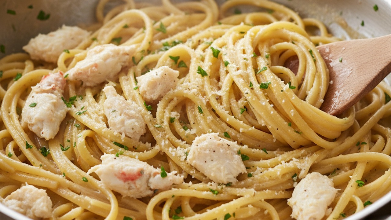 Warm the crab and combine with pasta