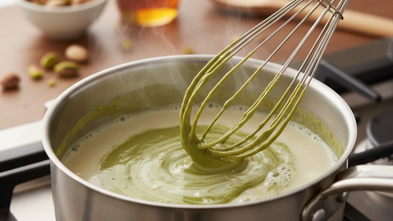 Warm and incorporate pistachio paste into oat milk